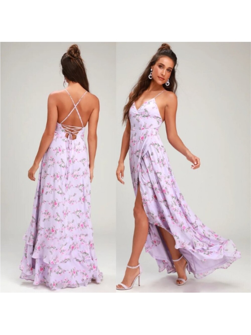 Lavender Floral Lace-Up Back Maxi Dress